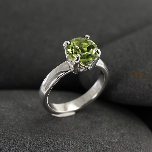 Peridot Gemstone Ring in Solid Sterling Silver, custom size with art deco setting and simple band