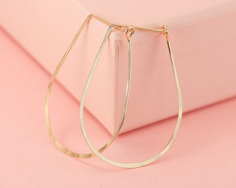 Large Hammered Teardrop Hoop Earrings in 14K Gold or Gold Fill, Geometric Hoop Earrings, Minimalist Jewelry, Statement Earrings, Oversized