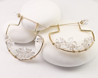 Herkimer Diamond Earrings, Geode Earrings, Hoop Earrings, Statement Jewelry, Raw Diamond Earrings, Large 14k Gold Fill Earrings, Gift Idea