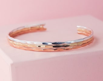 Set Of 3 Mixed Metal Bracelet Of 14K Gold Filled Bangle / Rose Gold Bracelet And Sterling Silver Bangle / Boho Stacking Bracelets For Women