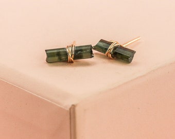 Tourmaline Crystal T Earrings Wrapped in Gold Fill, Gold Bar Earrings with Green Tourmaline Needle Crystals