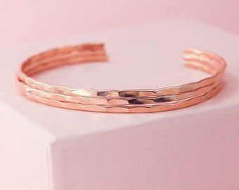 Set Of 3 - 14k Rose Gold Fill Cuff Bracelets, 14k Rose Gold Fill Bangles, Hammered Rose Gold Bracelets, Custom Sized Bangles, Gift For Mom