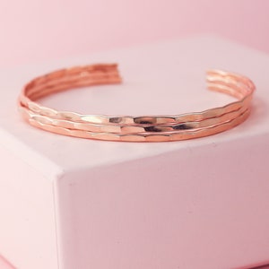 Set Of 3 - 14k Rose Gold Fill Cuff Bracelets, 14k Rose Gold Fill Bangles, Hammered Rose Gold Bracelets, Custom Sized Bangles, Gift For Mom