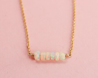 White Opal Bar Necklace with a tiny row of Genuine Opal Stones, available in Gold Filled, Sterling Silver, and Solid 14K