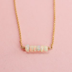 White Opal Bar Necklace with a Tiny Row of Genuine Opal Stones, Available in Gold Filled, Sterling Silver, and Solid 14K