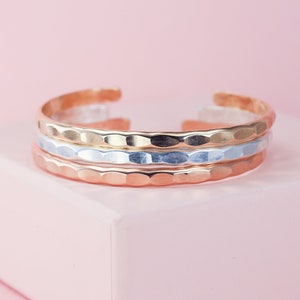 Set of 3 Wide Hammered Boho Stacking Bracelets Cuffs in Sterling Silver, 14K Gold or Rose Gold Fill, Chunky Bangle Set For Her, 4.5mm Cuffs
