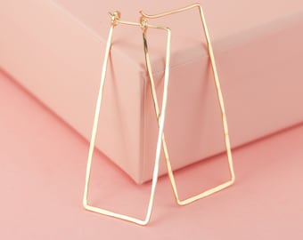 Solid 14k Gold or Gold Fill Rectangle Hoop Earrings, Gold Rectangle Earrings, Large Rectangle Earrings, Geometric Jewelry,Statement Earrings