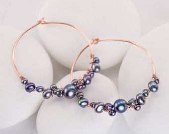 Large Bubbly Pearl Hoops, Gold, Rose Gold, and Silver Hoops with Pearl Clusters in White and Black Peacock Pearls