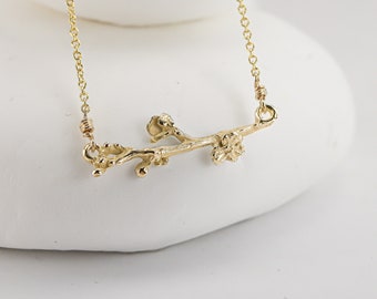Gold Cherry Blossom Branch Necklace, Flowering Twig Necklace with Tiny Buds and Flowers, also in Silver