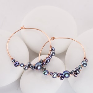 Large Bubbly Pearl Hoops, Gold, Rose Gold, and Silver Hoops with Pearl Clusters in White and Black Peacock Pearls, 1 5/8&quot; Mermaid Hoops