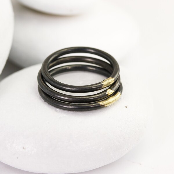 Gold Dripped Thumb Ring, Blackened Silver Band with Liquid Gold Accent