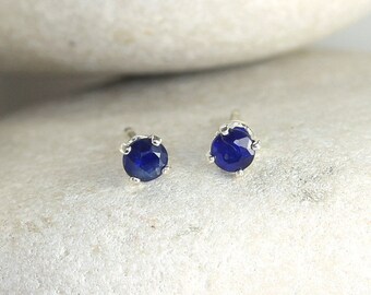 Tiny Sapphire Earrings with Sterling Silver Posts, second hole stud earrings