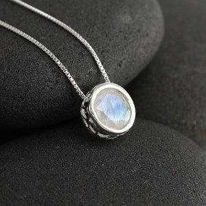 Moonstone Solitaire Necklace, 8mm Genuine Moonstone or Blue Topaz in Sterling Silver, Slider Solitaire Necklace with Filagree Pendant
