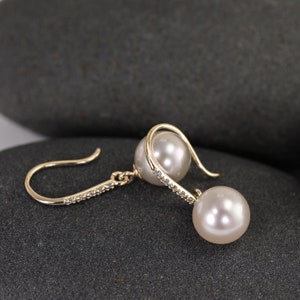 Large Pearl Earrings, Pearl And Diamond Earrings, 14k Solid Gold Earrings, Freshwater Pearl Earrings, Pearl Drop Earrings, Genuine Pearl image 5