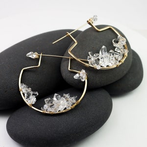 Herkimer Diamond Cluster Hoop Earrings, Large Two-piece Pierced Hammock Earrings in Gold with Geode-Like Crystal Sprays by Lotus Stone Jewelry. Great gift for her anniversary.