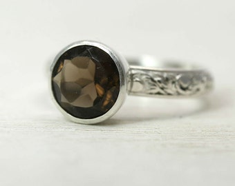 Large Smoky Quartz Ring in Sterling Silver, Custom Sized Stacking Ring