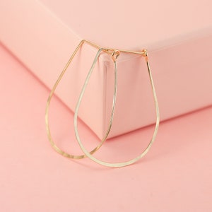 Teardrop Hoop Earrings in 14K Solid Gold or Gold Fill, Prom Jewelry, Hammered Gold Hoop Earrings, 1 3/8&quot; Geometric Hoops, Graduation Gift