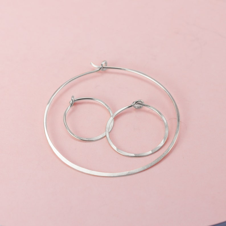 White Gold or Silver Medium Hoop Earrings, Hammered 3/4 Sterling Silver or 14k Solid White Gold Hoops image 3