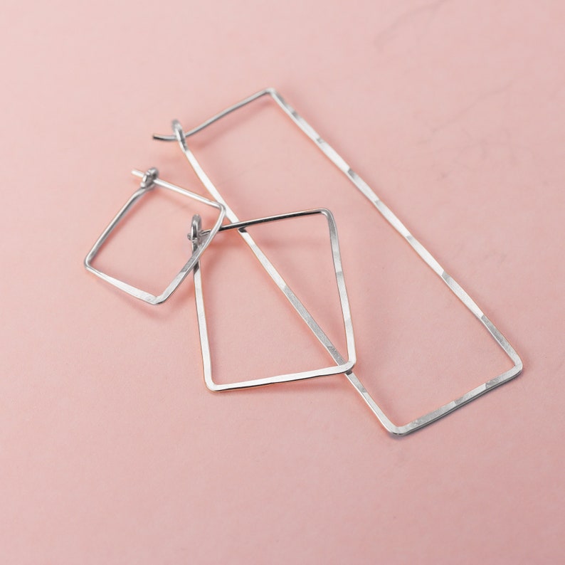 Long Silver Rectangle Hoops, Hammered 14K White Gold or Sterling Silver Earrings, Geometric Jewelry, Minimalist Earrings, Statement Hoops image 2