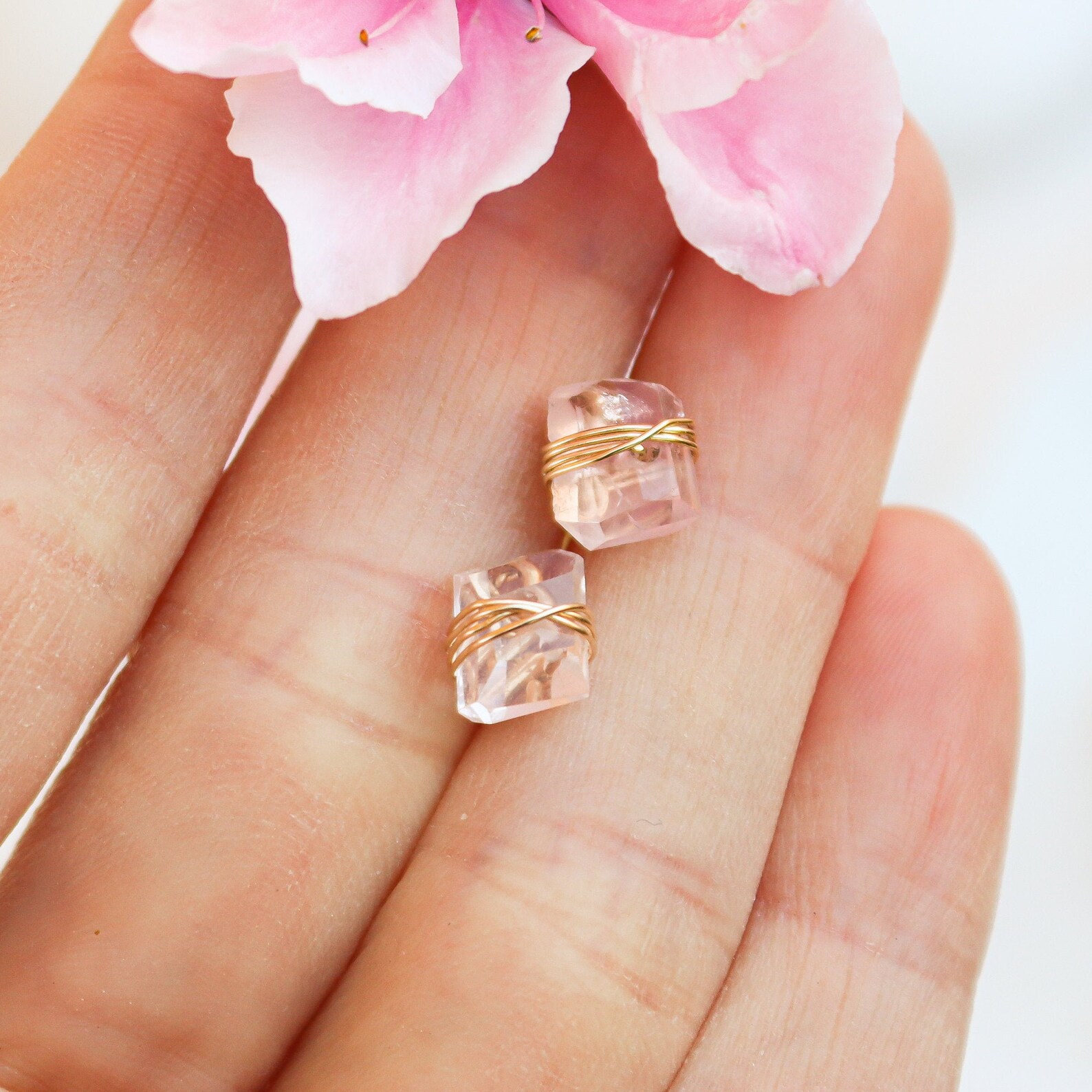 Rose Quartz Crystal Studs Pink and Gold Crystal Earrings Etsy
