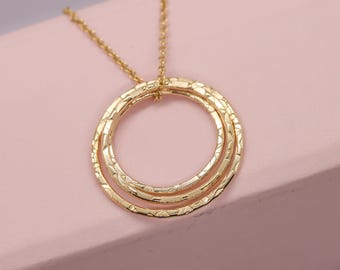 Hammered Circle Pendant Necklace, Gold Fill or Sterling Silver, Textured Eternity Necklace, Gift for Moms with 1-3 Rings for each child