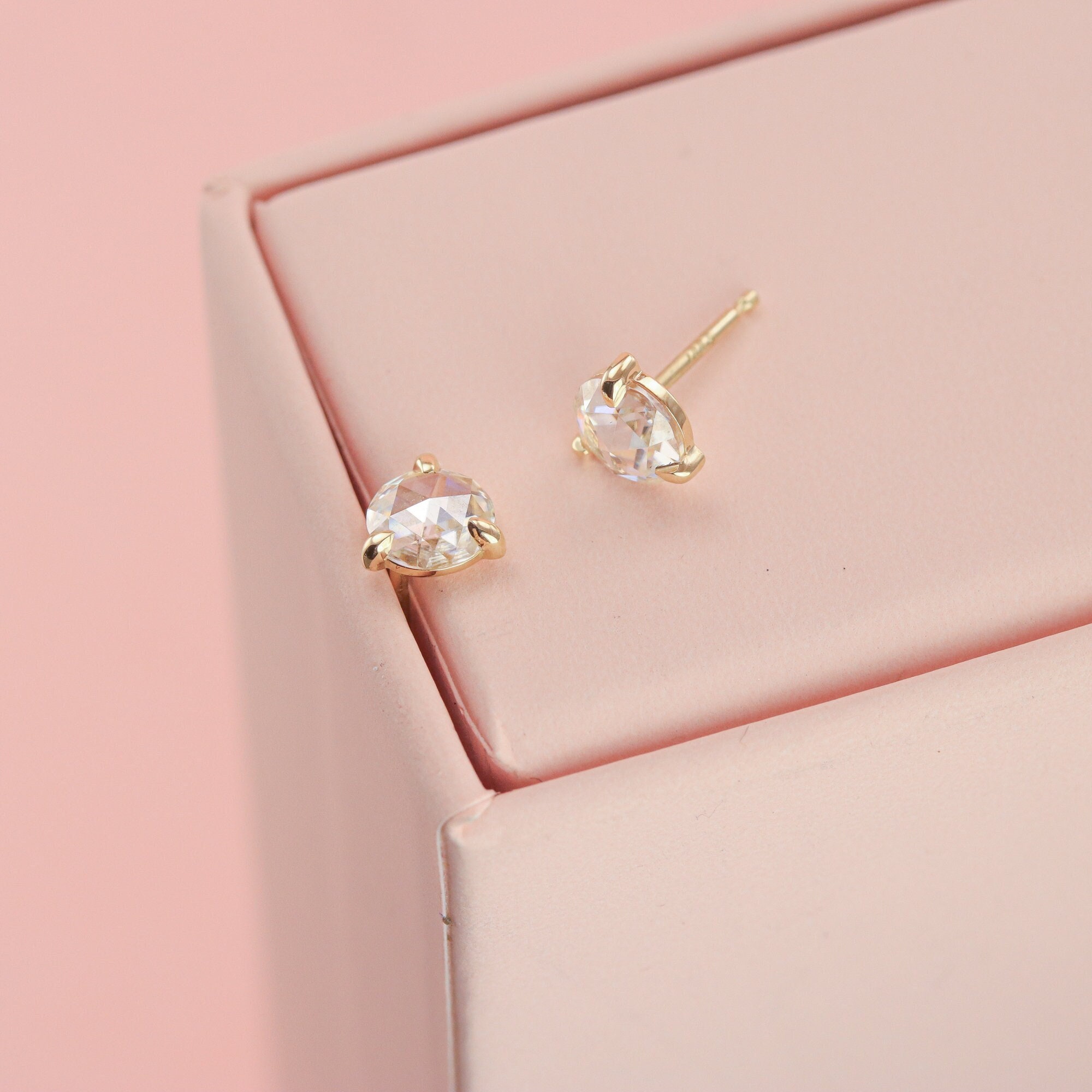Solid 14K Rose Cut Lab Diamond Studs with Large 5mm Moissanites, Old-Fashioned Diamond Alternative Simple Stud Earrings in Solid 14K Gold