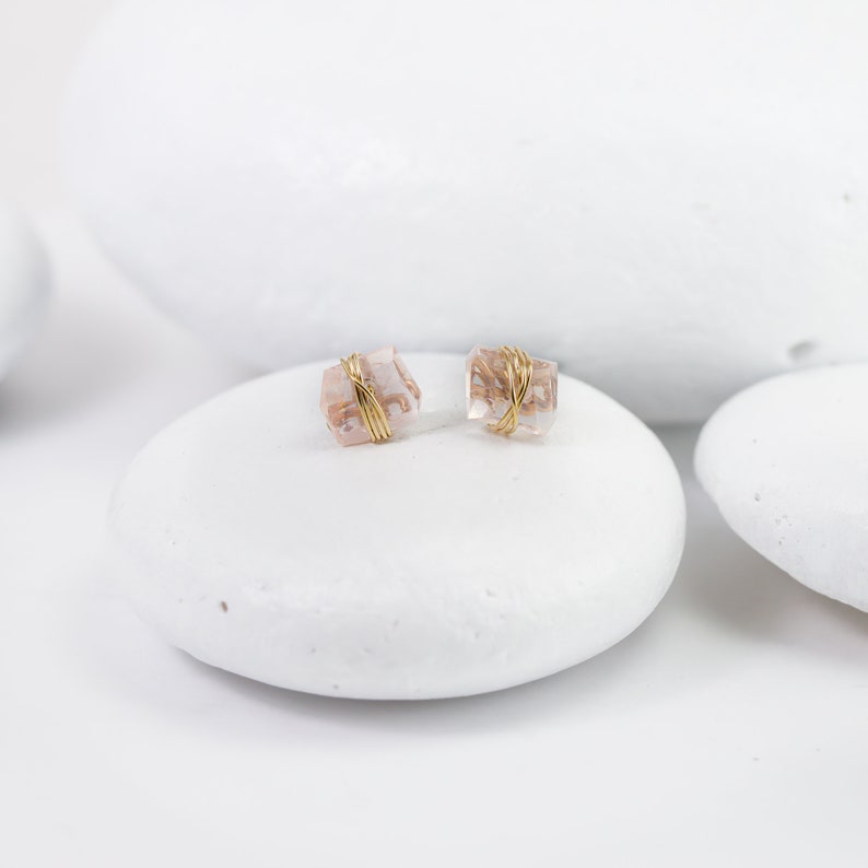 Rose Quartz Crystal Studs Pink and Gold Crystal Earrings Etsy