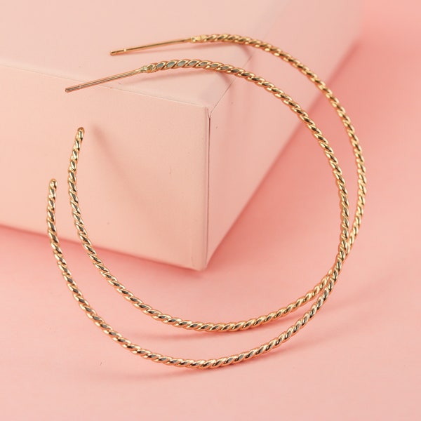 Large Twisted Skinny Gold Hoops, 2 Inch Hoops with Post in 14K Gold Fill, Large Simple Rope Hoops
