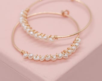 Pearl Hoop Earrings, Pearl Studded Skinny Gold Hoops, 1" Hoops with Pave Style Pearls in 14K Gold Fill, Silver, Gift for Her, Mother's Day
