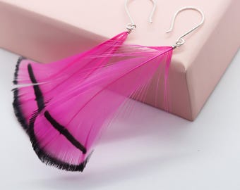 Hot Pink Feather Earrings - sterling silver and 14K gold filled dangles, statement drop earrings, fun flirty and lightweight