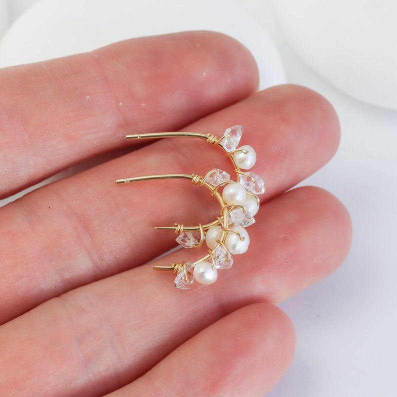 Herkimer Diamond and Pearl Hoops in Gold Fill, Rose Gold Fill, or Sterling Silver Simple Hoop Earrings image 2