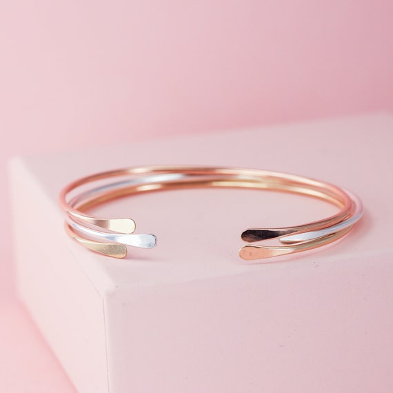 Set of 3 Cuff Bangles Made from 14k Yellow Gold Fill, 14k Rose Gold Fill & Sterling Silver, 2mm Boho Stacking Bracelets Unique Gift for Her