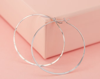 Large Hoop Earrings in 14K White Gold or Sterling Silver, 14k White Gold Hoop Earrings, Hammered Earrings, Circle Earrings, Geometric Hoops