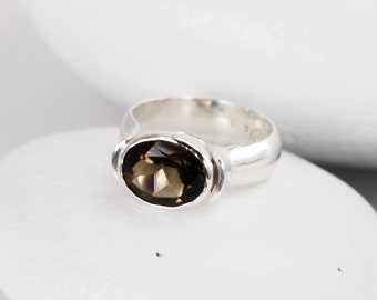 Modern Smoky Quartz Ring in Sterling Silver, Brown Horizontal Stacking Ring, Custom Size