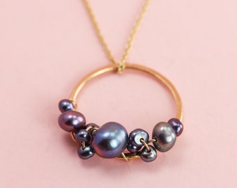 Bubbly Pearl Necklace, Tiny Gold, Rose Gold, and Silver Circle Pendant with Pearl Clusters in White and Black Peacock Pearls