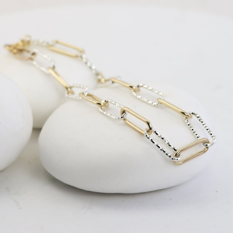 Armband i blandad metall eller massivt sterling zirkon, armband i två färger i guld och silver, armband med grov gemkedja, examenspresenter bild 7