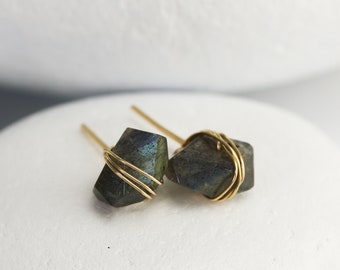 Labradorite Earrings Wrapped in Gold Fill, Faceted Labradorite Studs