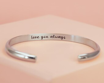 Engraved Silver Cuff, Personalized with Custom Message, Wide Silver Cuff with Brushed/Matte Finish, 4mm Silver Stacking Bangle Bracelet