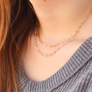 May include: A layered gold chain necklace with a delicate, textured design. The necklace is made of two chains, one with a slightly larger link than the other. The necklace is worn by a person with long brown hair.