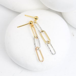 Two Tone Paperclip Chain Earrings in Gold Filled and Sterling Silver, 1.25&quot; Mixed Metal Chain Dangle Earrings, Prom Jewelry, Graduation Gift