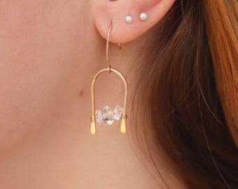 Herkimer Diamond Earrings, Arch Earrings, Dangle Drop Earrings, Geometric Jewelry, 14k Rose Gold Fill Earrings, Hook Earrings, Prom Jewelry