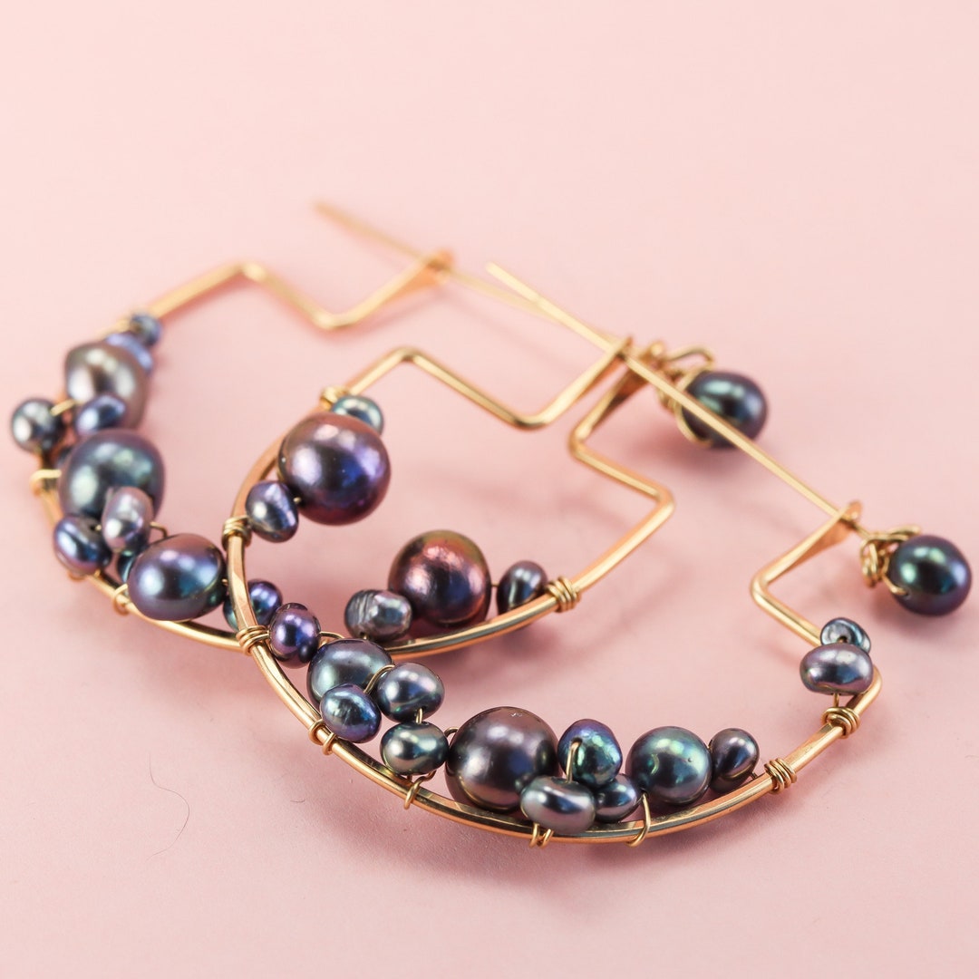 Pearl Cluster Hoop Earrings Large Twopiece Pierced Hammock Etsy