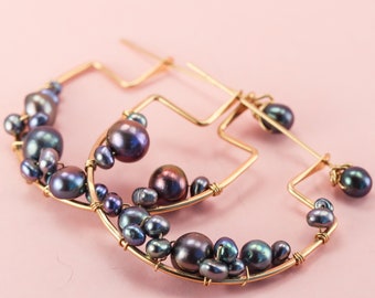 Pearl Cluster Hoop Earrings, Large Two-piece Pierced Hammock Earrings in Gold with Bubbly Pearl Sprays