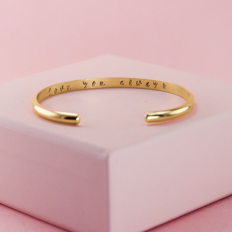 Personalized Custom Stamped Wide 14К Gold Fill Cuff with Brushed/Matte Finish, Engraved Gold Stacking Bangle Bracelet, Personalized Jewelry image 1