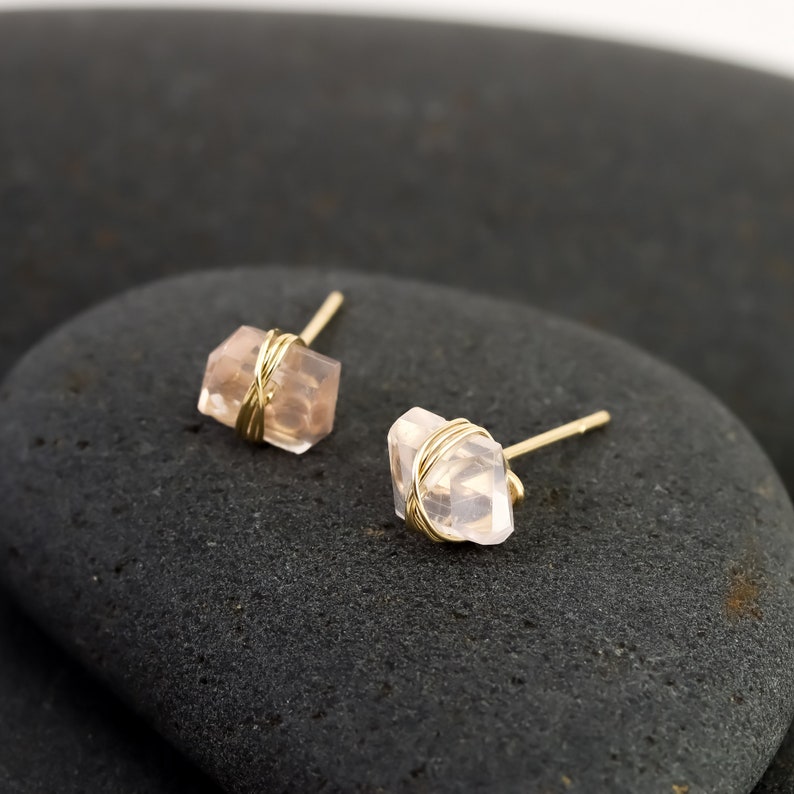 Rose Quartz Crystal Studs Pink and Gold Crystal Earrings Etsy