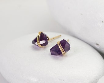 Amethyst Crystal Stud Earrings, Unique 9mm Amethyst Studs in Solid 14k, Gold Filled, Rose Gold Filled, or Sterling Silver