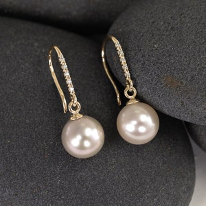 Large Pearl Earrings, Pearl And Diamond Earrings, 14k Solid Gold Earrings, Freshwater Pearl Earrings, Pearl Drop Earrings, Genuine Pearl