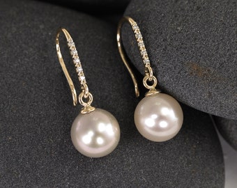 Large Pearl Drops in 14K with Genuine, Natural Diamonds, Solid Gold Diamond and Pearl Earrings