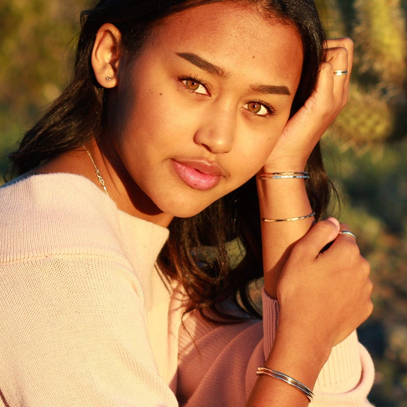 3 Thin Hammered Cuffs, Yellow Gold Bangles, handmade stacking bracelets in gold fill by Lotus Stone jewelry. Great gift for her  wedding bridesmaid.