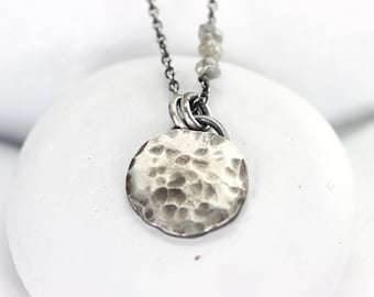 Harvest Moon Necklace in Silver with Diamond Stars, Textured and Hammered Moon Necklace